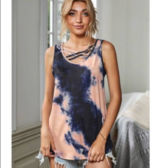 💝Blue and Pink tie dye Cross Front tank - Picture 2 of 9